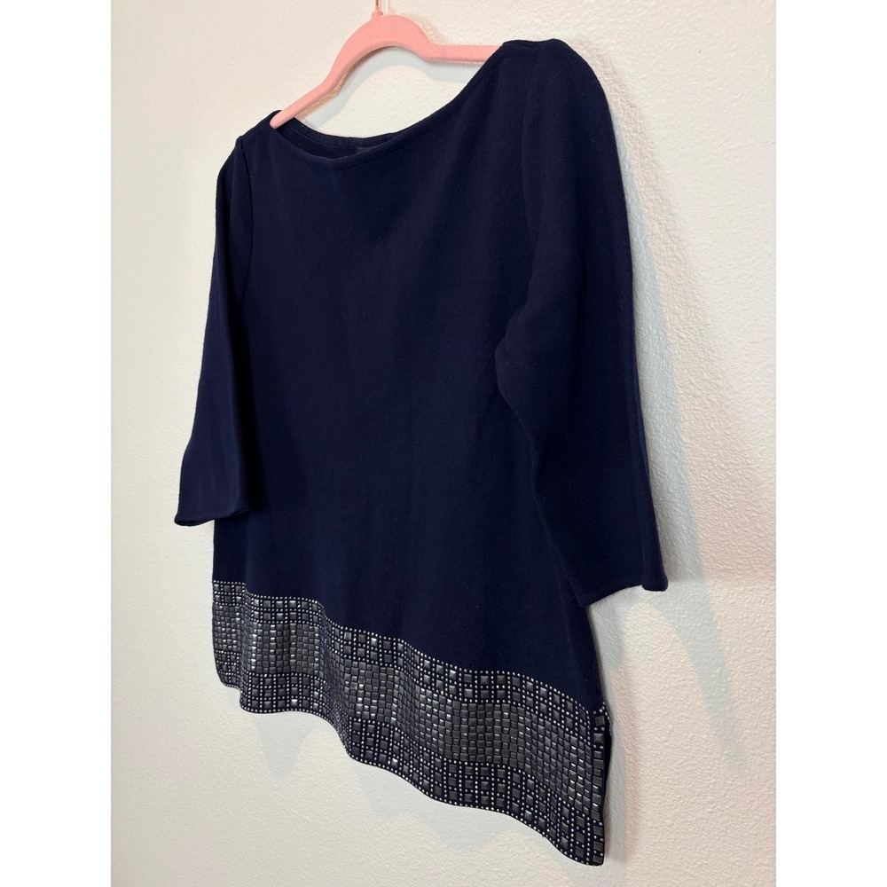 St John Navy Blue Wool Blend Studded Hem Knit Top 3/4 Sleeve Boatneck - Picture 3 of 9